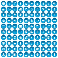 100 utensil icons set in blue circle isolated on white vector illustration
