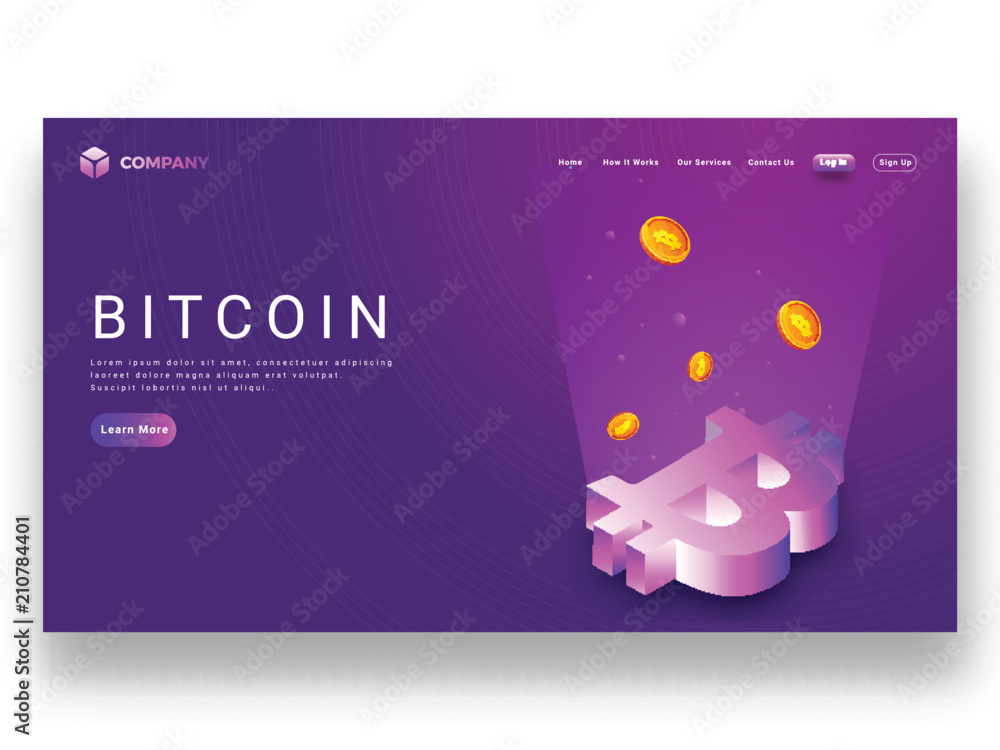 Poster digital rays coming from 3d bitcoin symbol on purple background, responsive landing page for virtual