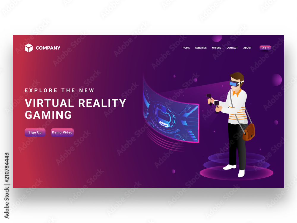 Wall mural boy wearing vr glasses playing video game with joystick, responsive landing page design for virtual 