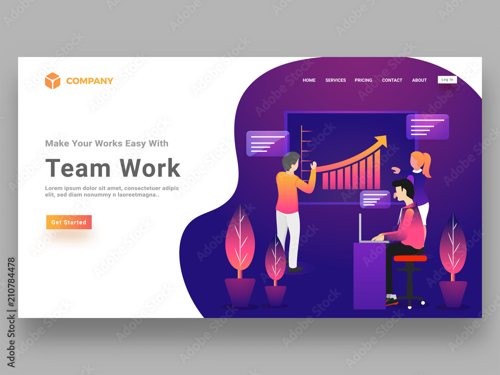 Poster hero banner or website template design with business people defining growth statistical chart togeth