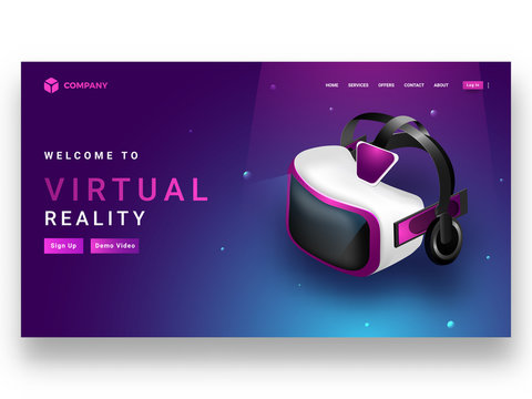 Isometric view of VR box or glasses on shiny glowing background, landing page for Virtual reality concept.