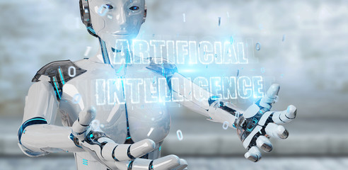 White cyborg woman using digital artificial intelligence text hologram 3D rendering