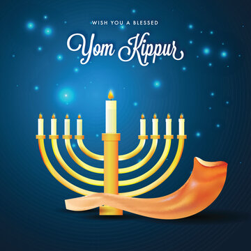 Menorah with burning candles and shofar horn on blue lights background for Yom Kippur concept.