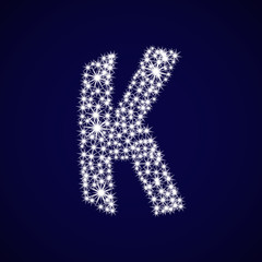 Letter of the alphabet K. Vector illustration. The shining sequins on a blue background.