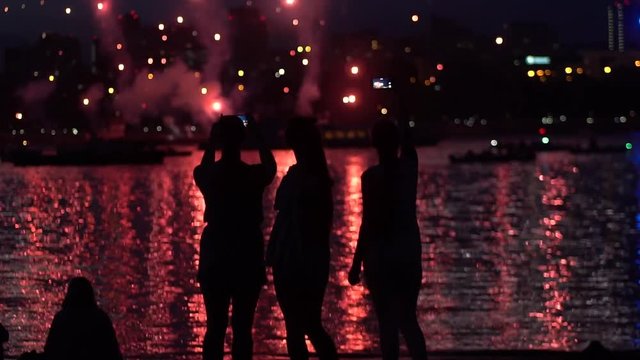A group of people with a good mood during the fireworks. slow motion