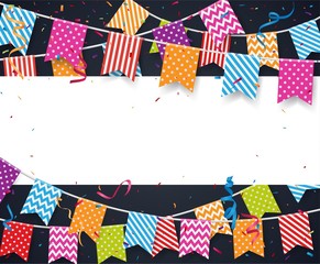 Obraz premium Colorful birthday background with bunting flags and confetti