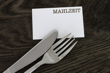 Mahlzeit Visitenkarte mit Messer und Gabel