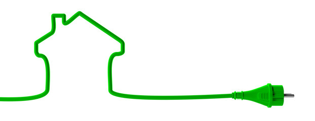 Green electric power plug, house shape, isolated cut out on white background. 3d illustration