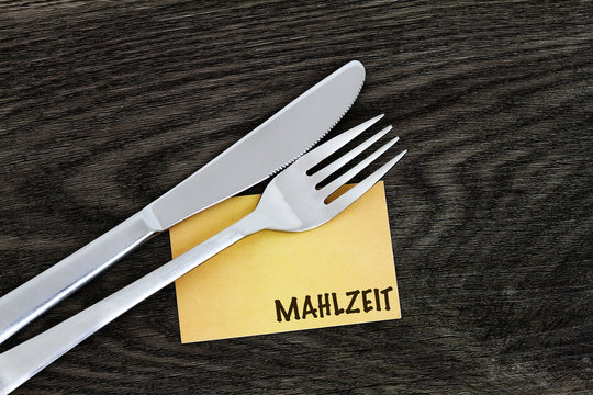 Mahlzeit Visitenkarte mit Messer und Gabel