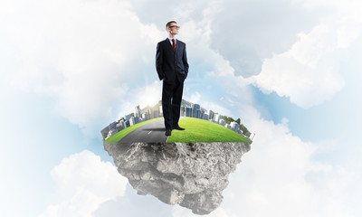 Confident boss and modern city as concept of eco green construction