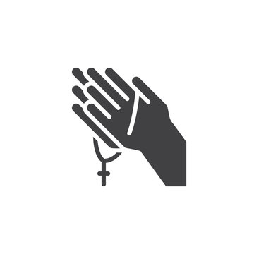 Praying hands with rosary vector icon. filled flat sign for mobile concept and web design. Religion simple solid icon. Symbol, logo illustration. Pixel perfect vector graphics