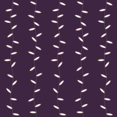 Party lights. Bright hanging garlands with glowing lights isolated on purple background. Seamless vector design element for Holiday cards, valentine's day, Christmas, New Year, birthday.