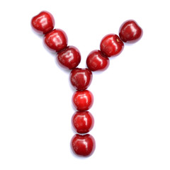 Letter Y made with cherries to form a letter of the alphabet. Berry letters on a white background.