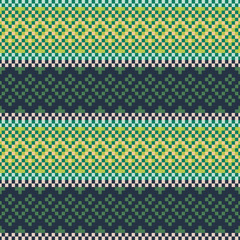 Embroidered seamless beaded pattern vector design. Cross stitch pixel background greenery colors.