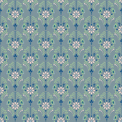 Damask dusty blue floral seamless vector pattern. Flower ornament decor element wallpaper.