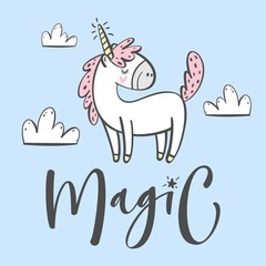 cute unicorn with "Magic" hand lettering sign.