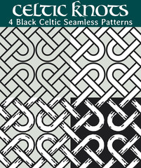 Black Celtic Seamless Patterns. 4 different versions of a seamless pattern with Celtic knots: with white filling, without filling, with shadows and with a black background.
