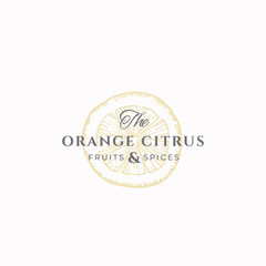 The Orange Citrus Abstract Vector Sign, Symbol or Logo Template. Elegant Cut Orange Sillhouette with Retro Typography. Vintage Luxury Emblem.