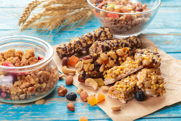 Granola bar on wooden background