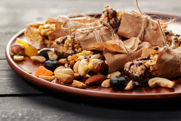 Granola bar on wooden background