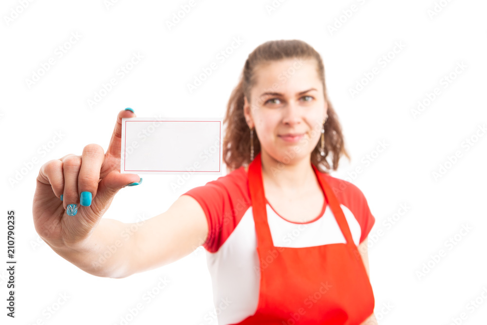 Poster woman storekeeper or sales assistant holding empty business card.