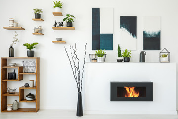 Real photo of a bio fireplace next to a wooden shelf with ornaments and plants in white living room interior with paintings and shelves on a wall