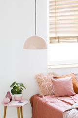 Pink lamp in pastel bedroom interior with plant on table next to bed with pillows. Real photo