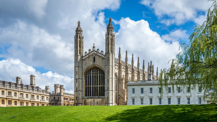 The famous King's College Chapel from the bank of river Cam on a bright sunny day