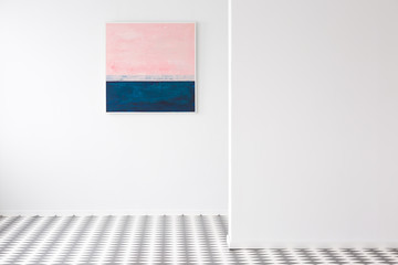 Simple pastel colors painting hanging in white room interior with checkerboard linoleum floor. Empty space for your product placement
