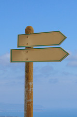 2 ways 2 panels wooden signpost with blue background showing directions