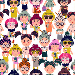Cute fashion girls vector cartoon seamless pattern. Fashion teenagers characters crowd background.