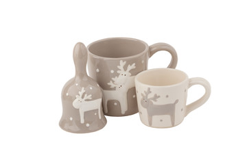 Beige ceramic cups for coffee or tea, white background