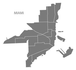 Miami Florida city map with neighborhoods grey illustration silhouette shape