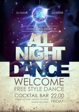 Disco ball background. Disco all night dance party poster on open space background