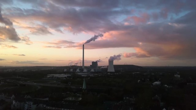 The Steag coal fired power plant in Herne captured by drone during dawn.