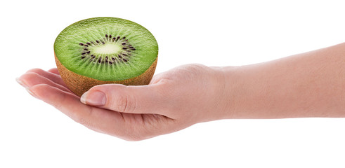 Kiwi fruit cut in half on hand
