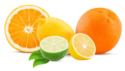 Orange, lemon and lime with leaf