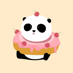 Vector Illustration: A cute cartoon giant panda is sitting on the ground, with a big cherry doughnut / donut on his neck.
