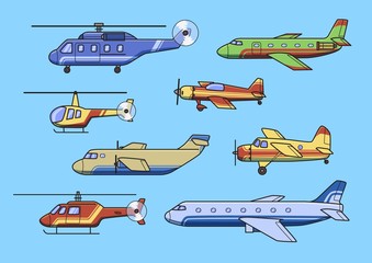 Aircrafts, set of airplanes and helicopters. Flat vector illustration. Set of images. Isolated on blue background.