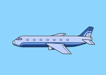 Blue commercial jetliner, aircraft, airplane. Flat vector illustration. Isolated on blue background