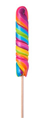 Lollipop swirl candy on wooden stick big vivid rainbow colored isolated on white background