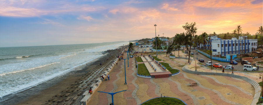 Panoramic aerial view of Indian sea beach at Digha, West Bengal at sunset.