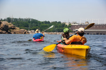 Kayaking on the Dnieper River in the dam of the dam