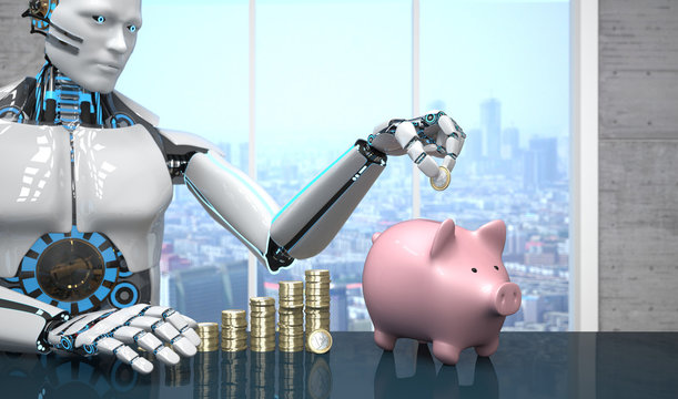 Weißer Roboter mit einem Sparschwein und Euromünzen gestapelt zu einem Wachstumschart