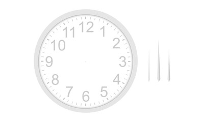 Blank white round clock face mockup with hour, minute and second hands. Vector illustration