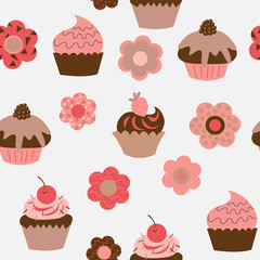 Seamless pattern with cute decorative cupcakes and berries
