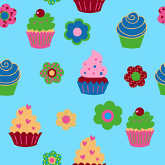 Seamless pattern with different decorative cupcakes and flowers