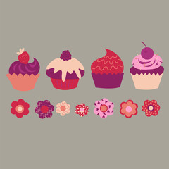 Nice set with different decorative cupcakes and flowers