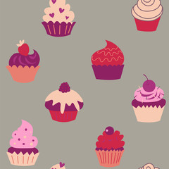Cute seamless texture with different decorative cupcakes