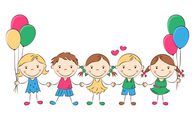 Funny doodle kids with colored balloons. Happy cartoon boys and girls hold hands. Holidays, vacations, weekends. Vector illustration